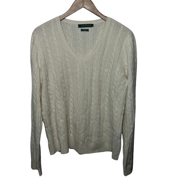 VTG Lauren Ralph Lauren Sweater Cream Cashmere V Neck Cable Knit Old Money XL - Picture 1 of 7